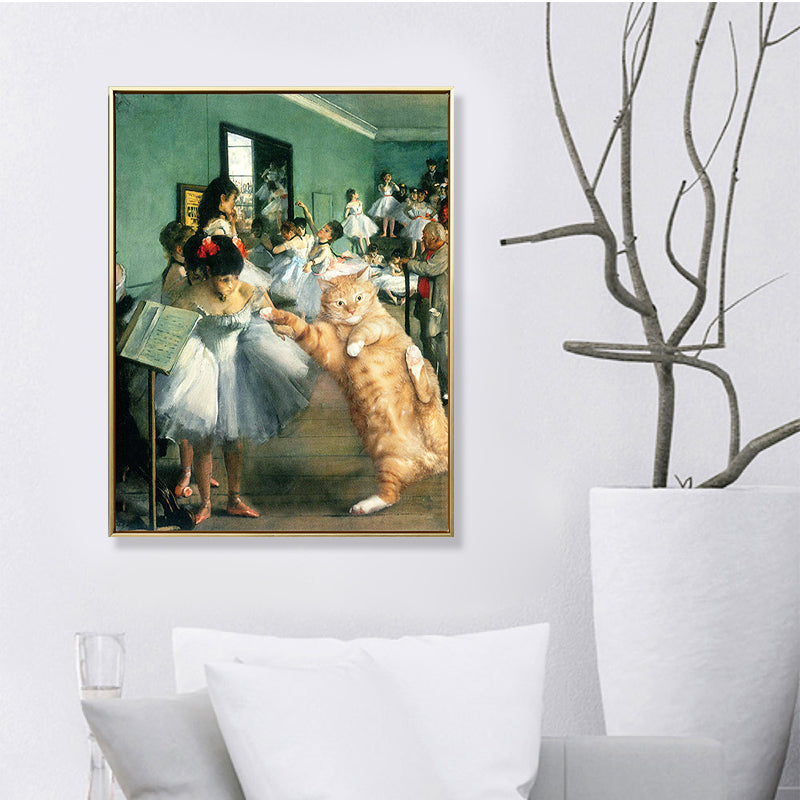 Vivolux | Tanzparty Katze Wandkunst Druck Grünes Leinwand-Made Wanddekoration für Wohnzimmer, Texturiert