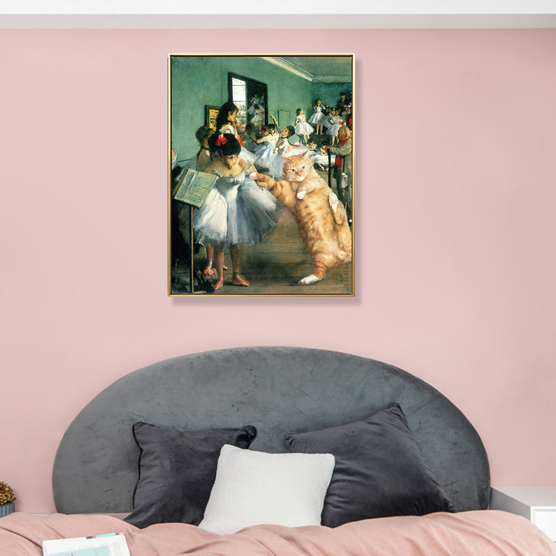 Vivolux | Tanzparty Katze Wandkunst Druck Grünes Leinwand-Made Wanddekoration für Wohnzimmer, Texturiert
