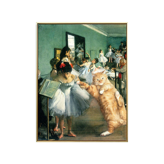 Vivolux | Tanzparty Katze Wandkunst Druck Grünes Leinwand-Made Wanddekoration für Wohnzimmer, Texturiert