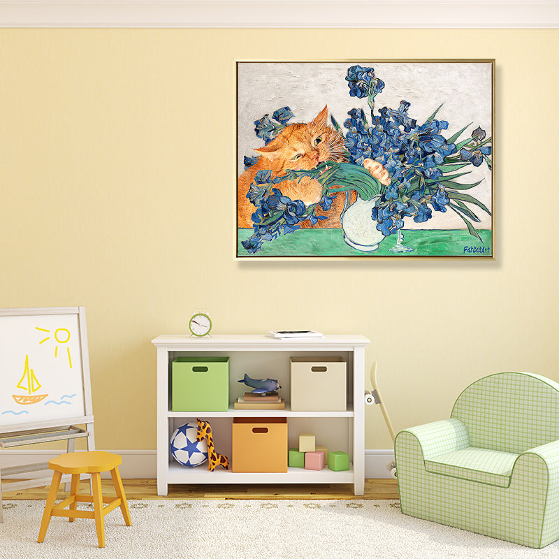 Vivolux | Naughty Cat und Vase Leinwand Wohnzimmer Tier Wandkunstdruck in Blau und Orange
