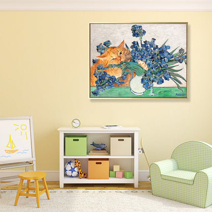 Vivolux | Naughty Cat und Vase Leinwand Wohnzimmer Tier Wandkunstdruck in Blau und Orange