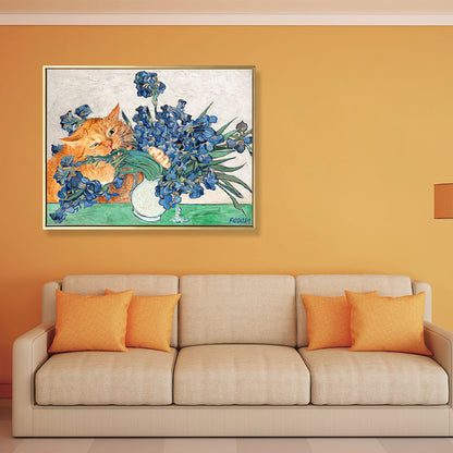 Vivolux | Naughty Cat und Vase Leinwand Wohnzimmer Tier Wandkunstdruck in Blau und Orange