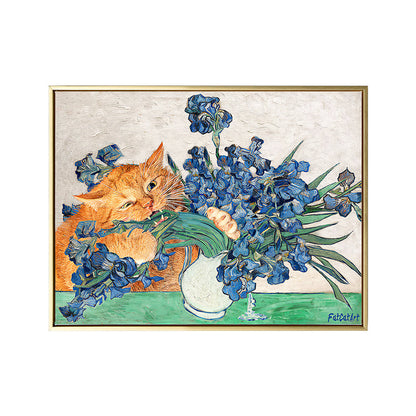 Vivolux | Naughty Cat und Vase Leinwand Wohnzimmer Tier Wandkunstdruck in Blau und Orange