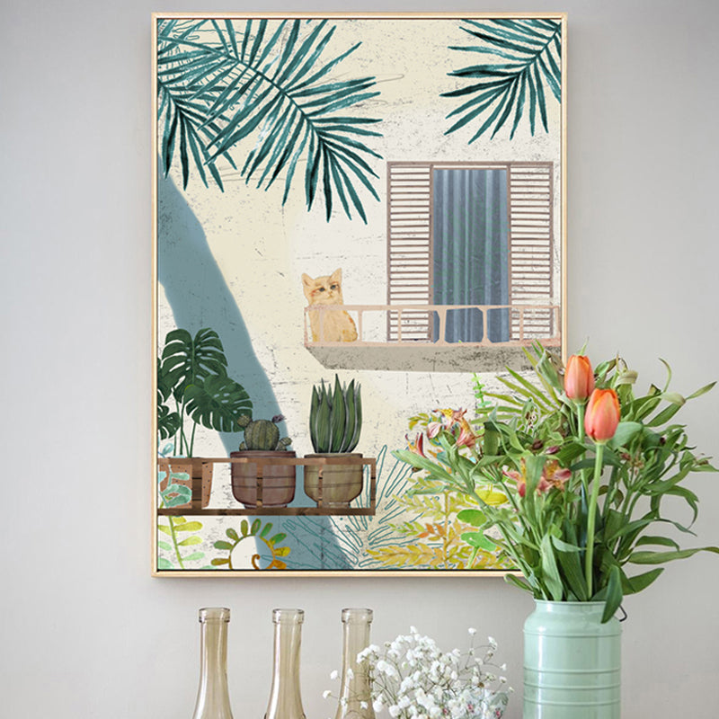 Vivolux | Gemälde Balkon Katze Leinwanddruck Mädchenzimmer Stillleben Wandkunst in Grün für Dekor