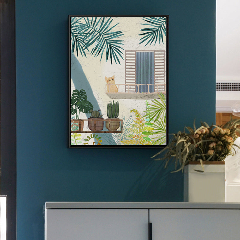 Vivolux | Gemälde Balkon Katze Leinwanddruck Mädchenzimmer Stillleben Wandkunst in Grün für Dekor