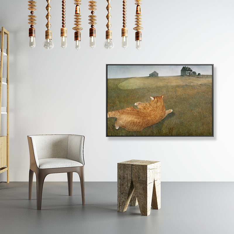 Vivolux | Grüne Wiese Fat Cat Kunstdruck Texturiert Funky Wohnzimmer Leinwand, Verschiedene Größen