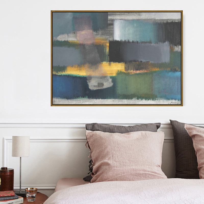 Vivolux | Graue handbedruckte Wanddekoration abstraktes Mid-Century Modern strukturiertes Leinwand für Treppe