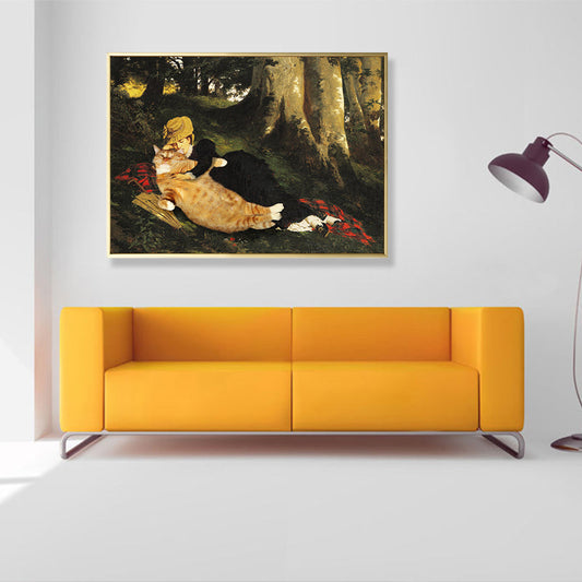 Vivolux | Tier-Canvas-Wandkunst Lustiges Spoof-Mädchen und Katze im Wald Gemälde in Braun für das Zimmer