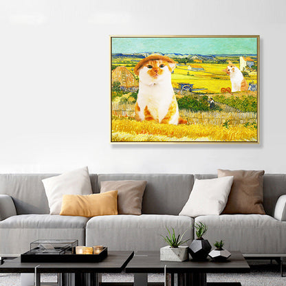 Vivolux | Pop Art Farmer Cat Leinwand Gelbes Haus Innen Wand Dekor, Mehrere Größenoptionen