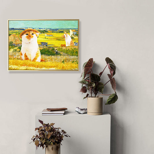 Vivolux | Pop Art Farmer Cat Leinwand Gelbes Haus Innen Wand Dekor, Mehrere Größenoptionen