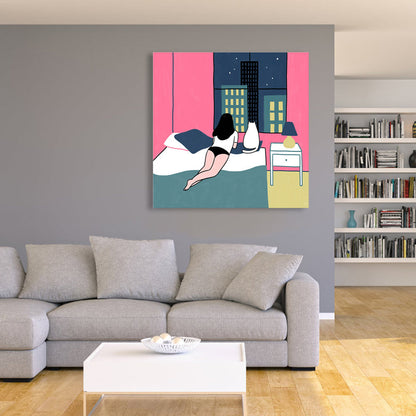 Vivolux | Pink Cat und Girl Grafik Leinwanddruck Strukturierte Wanddekoration für Gästezimmer, Mehrere Größen