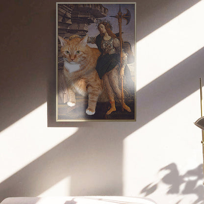 Vivolux | Braune Retro-Stil Wandkunst Mixed Media Frau mit ihrer Katze Fahrt Leinwand für das Schlafzimmer