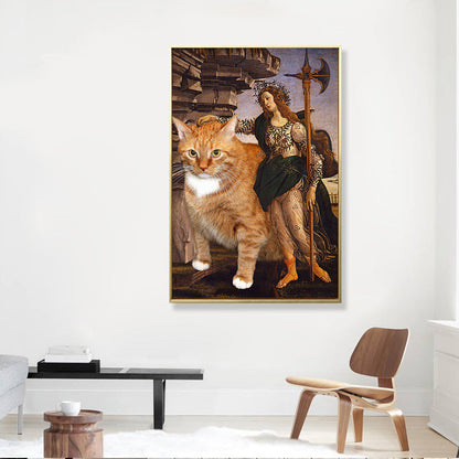 Vivolux | Braune Retro-Stil Wandkunst Mixed Media Frau mit ihrer Katze Fahrt Leinwand für das Schlafzimmer