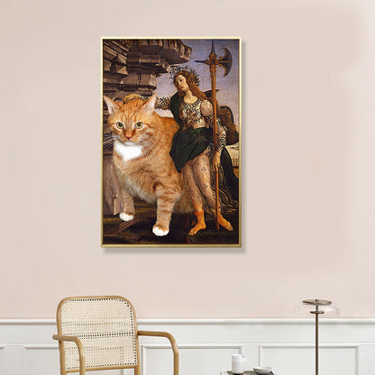 Vivolux | Braune Retro-Stil Wandkunst Mixed Media Frau mit ihrer Katze Fahrt Leinwand für das Schlafzimmer