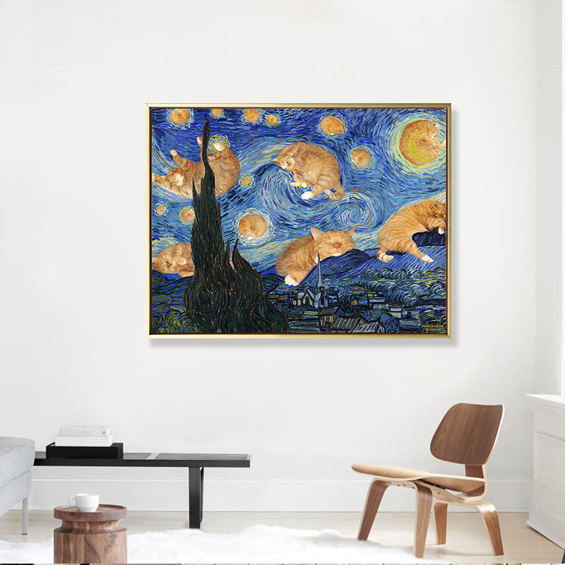 Vivolux | Sternen Nacht mit Katze Leinwand Kunst Funky Lustig Van Gogh Gemälde Wanddekoration in Blau