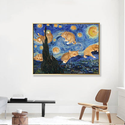 Vivolux | Sternen Nacht mit Katze Leinwand Kunst Funky Lustig Van Gogh Gemälde Wanddekoration in Blau
