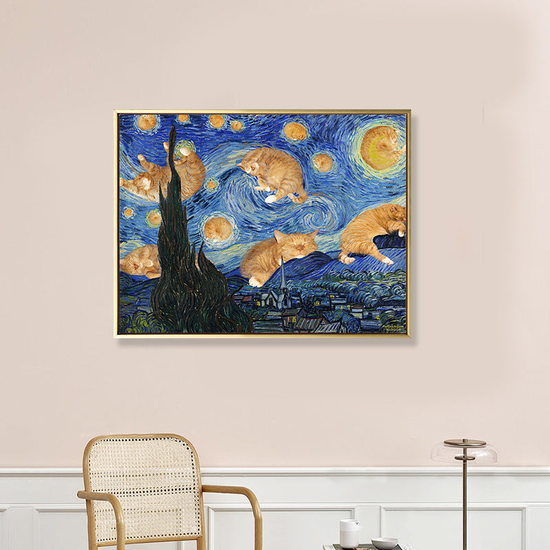 Vivolux | Sternen Nacht mit Katze Leinwand Kunst Funky Lustig Van Gogh Gemälde Wanddekoration in Blau