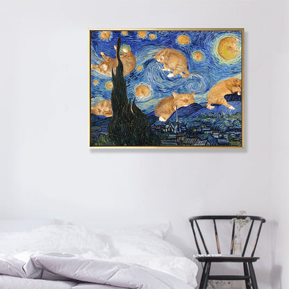 Vivolux | Sternen Nacht mit Katze Leinwand Kunst Funky Lustig Van Gogh Gemälde Wanddekoration in Blau