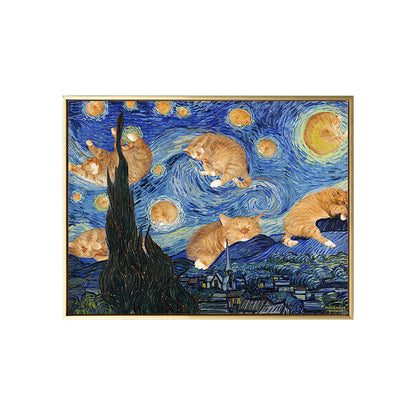 Vivolux | Sternen Nacht mit Katze Leinwand Kunst Funky Lustig Van Gogh Gemälde Wanddekoration in Blau