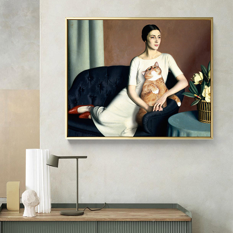 Vivolux | Weißes Funky Leinwandkunstgemälde Druck Frau und Katze auf dem Sofa Wanddekor für Hausinterieur