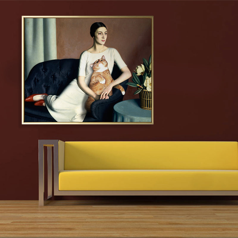 Vivolux | Weißes Funky Leinwandkunstgemälde Druck Frau und Katze auf dem Sofa Wanddekor für Hausinterieur
