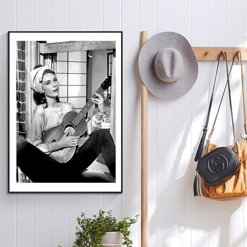 Vivolux | Gitarre und Maiden Wandkunst Deko Grau Glam Stil Eingewickelte Leinwand für Mädchenzimmer