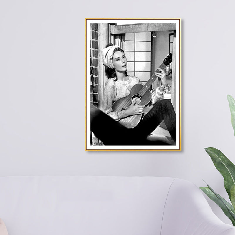 Vivolux | Gitarre und Maiden Wandkunst Deko Grau Glam Stil Eingewickelte Leinwand für Mädchenzimmer