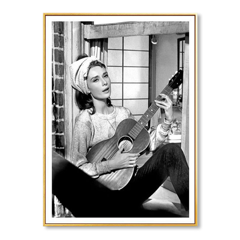 Vivolux | Gitarre und Maiden Wandkunst Deko Grau Glam Stil Eingewickelte Leinwand für Mädchenzimmer