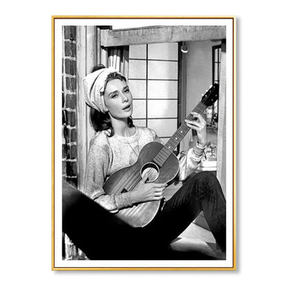 Vivolux | Gitarre und Maiden Wandkunst Deko Grau Glam Stil Eingewickelte Leinwand für Mädchenzimmer