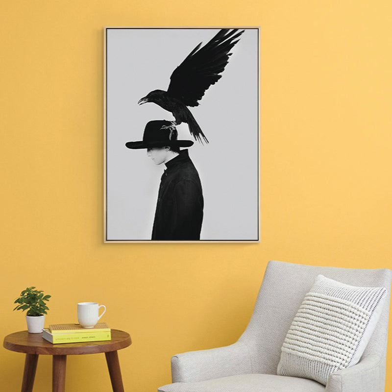 Vivolux | Schwarze Mode Leinwand Kunstfotografie Krähe und Frau Retro Texturiertes Wanddekor für Raum
