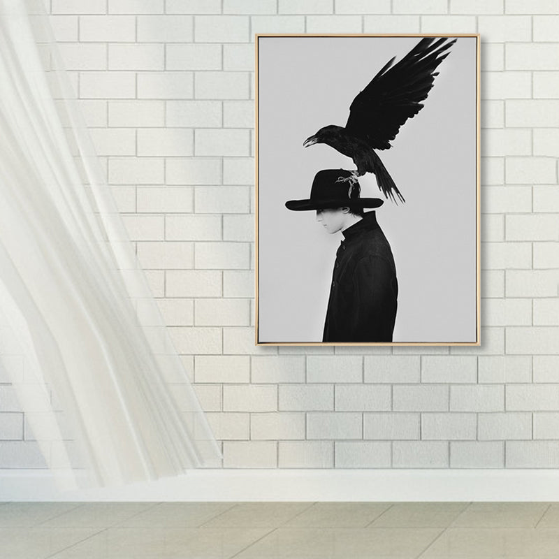 Vivolux | Schwarze Mode Leinwand Kunstfotografie Krähe und Frau Retro Texturiertes Wanddekor für Raum