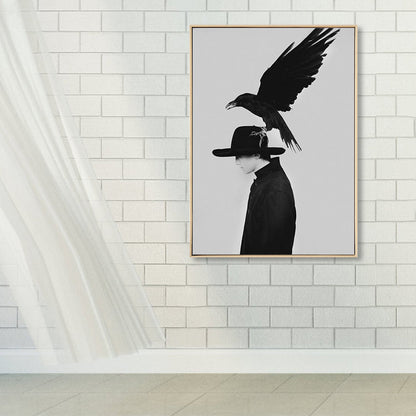 Vivolux | Schwarze Mode Leinwand Kunstfotografie Krähe und Frau Retro Texturiertes Wanddekor für Raum
