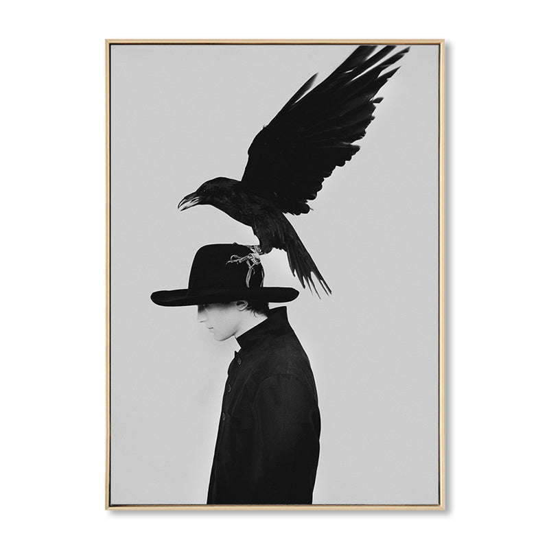 Vivolux | Schwarze Mode Leinwand Kunstfotografie Krähe und Frau Retro Texturiertes Wanddekor für Raum