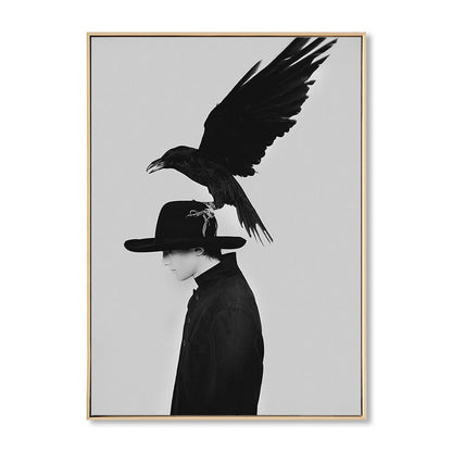 Vivolux | Schwarze Mode Leinwand Kunstfotografie Krähe und Frau Retro Texturiertes Wanddekor für Raum