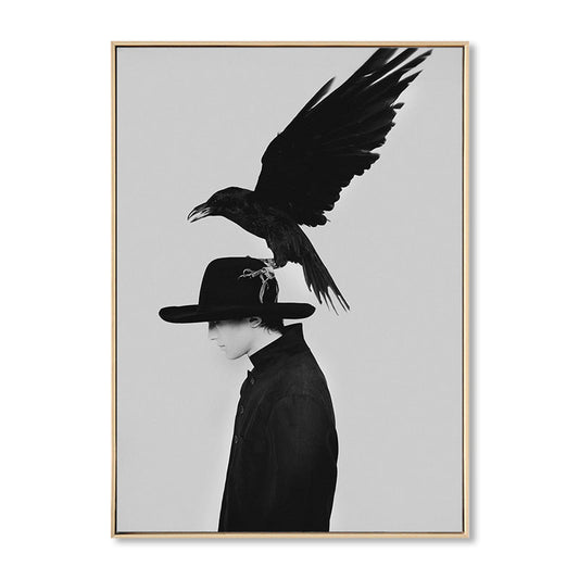 Vivolux | Schwarze Mode Leinwand Kunstfotografie Krähe und Frau Retro Texturiertes Wanddekor für Raum