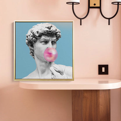 Vivolux | Blaue Funky Leinwand Wandkunst Mischtechnik Männliche griechische Statue Wanddekoration für das Wohnzimmer