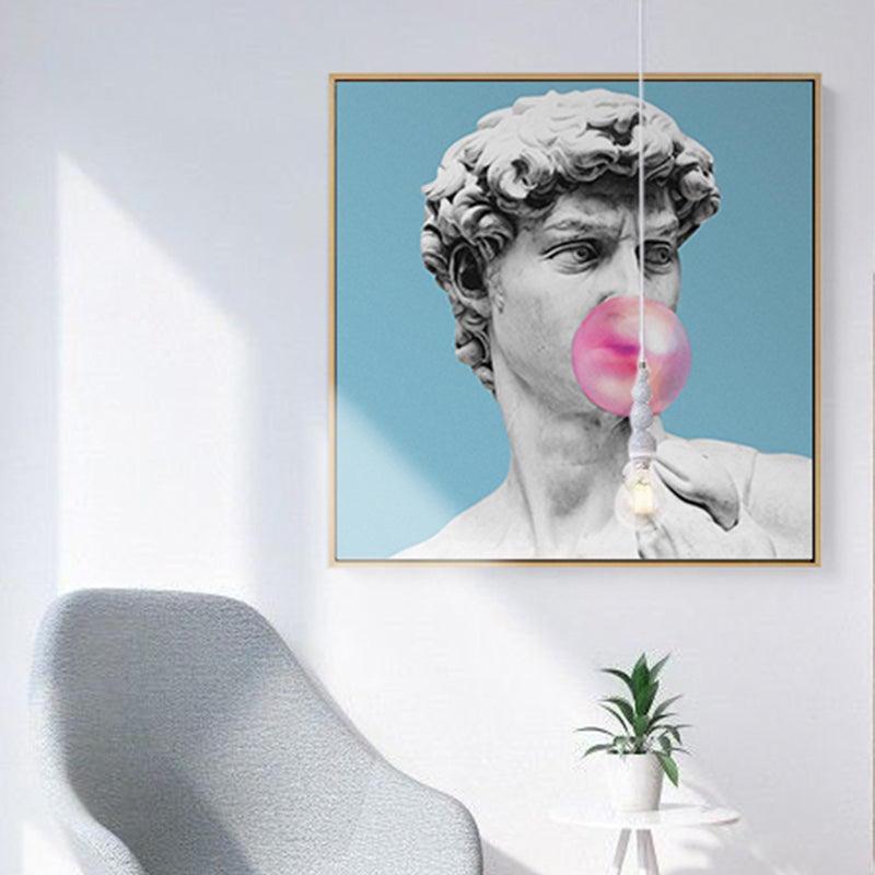 Vivolux | Blaue Funky Leinwand Wandkunst Mischtechnik Männliche griechische Statue Wanddekoration für das Wohnzimmer