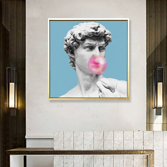 Vivolux | Blaue Funky Leinwand Wandkunst Mischtechnik Männliche griechische Statue Wanddekoration für das Wohnzimmer