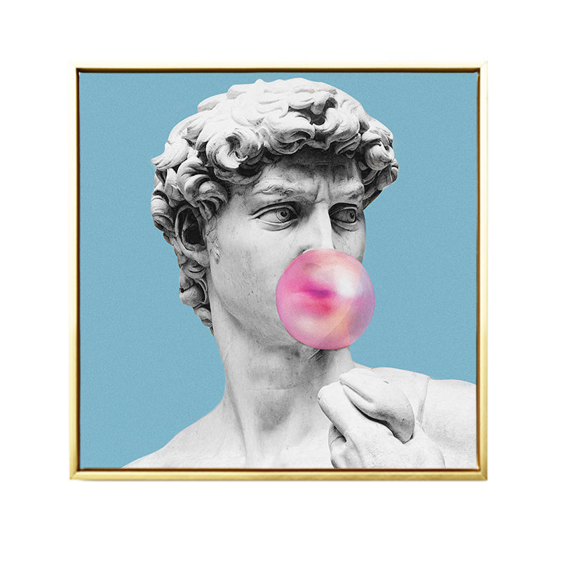 Vivolux | Blaue Funky Leinwand Wandkunst Mischtechnik Männliche griechische Statue Wanddekoration für das Wohnzimmer