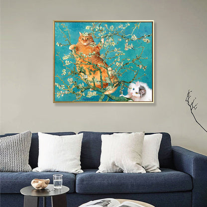 Vivolux | Gelbe Katze im Zweig Leinwandkunst Nordic Stil Texturiert Mädchen Schlafzimmer Wanddekoration in Blau
