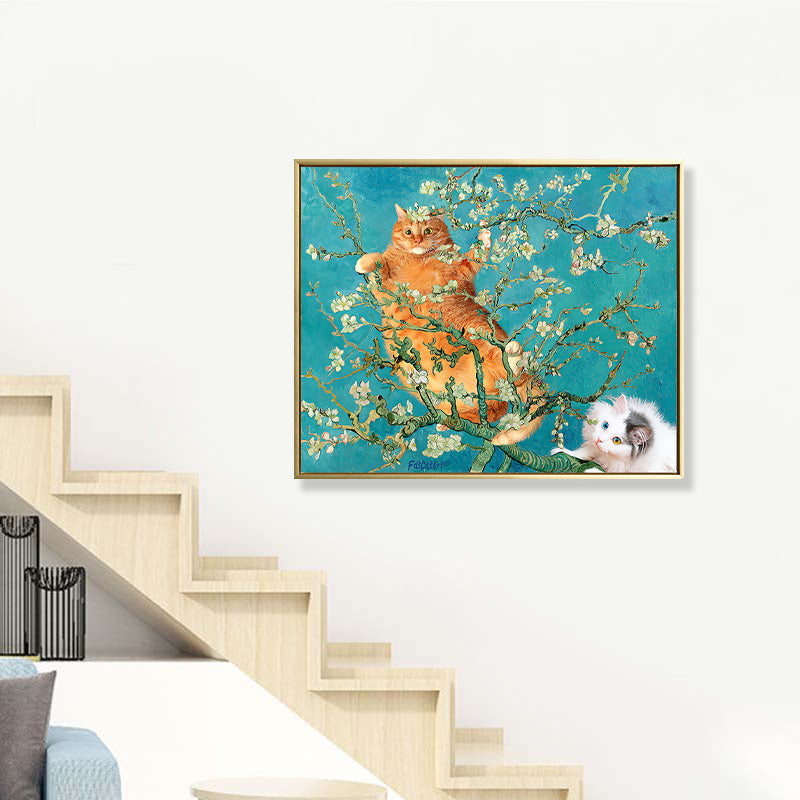 Vivolux | Gelbe Katze im Zweig Leinwandkunst Nordic Stil Texturiert Mädchen Schlafzimmer Wanddekoration in Blau