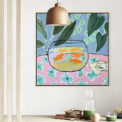 Vivolux | Grüner Goldfischglas Wanddekoration Stillleben Abstrakter Expressionismus Texturiert Leinwand für die Küche