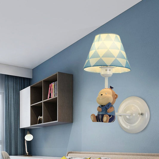 Vivolux | Resin Monkey Wandlamp met stoffen lampenkap Enkele lampenkap Dieren wandlamp in blauw voor slaapkamer