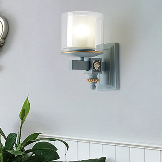 Vivolux | Dual Column Wandmontage Lampe Küstlichklar und Opalglas Himmel/Lichtblau Wandbeleuchtung mit Harmschalen-Deko