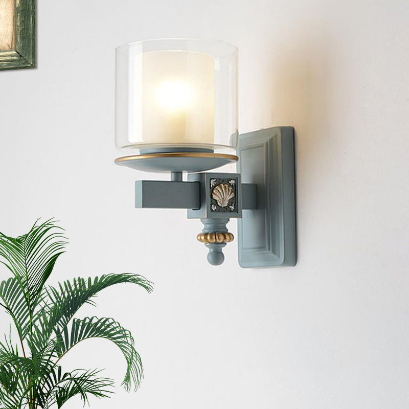 Vivolux | Dual Column Wandmontage Lampe Küstlichklar und Opalglas Himmel/Lichtblau Wandbeleuchtung mit Harmschalen-Deko