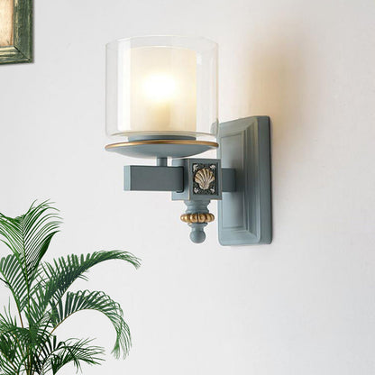 Vivolux | Dual Column Wandmontage Lampe Küstlichklar und Opalglas Himmel/Lichtblau Wandbeleuchtung mit Harmschalen-Deko