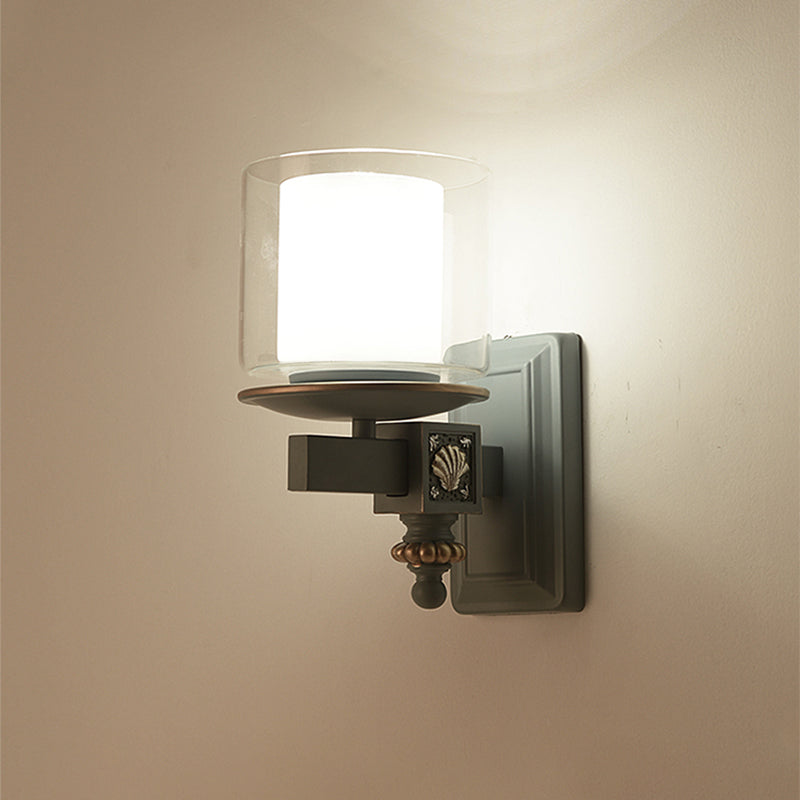 Vivolux | Dual Column Wandmontage Lampe Küstlichklar und Opalglas Himmel/Lichtblau Wandbeleuchtung mit Harmschalen-Deko