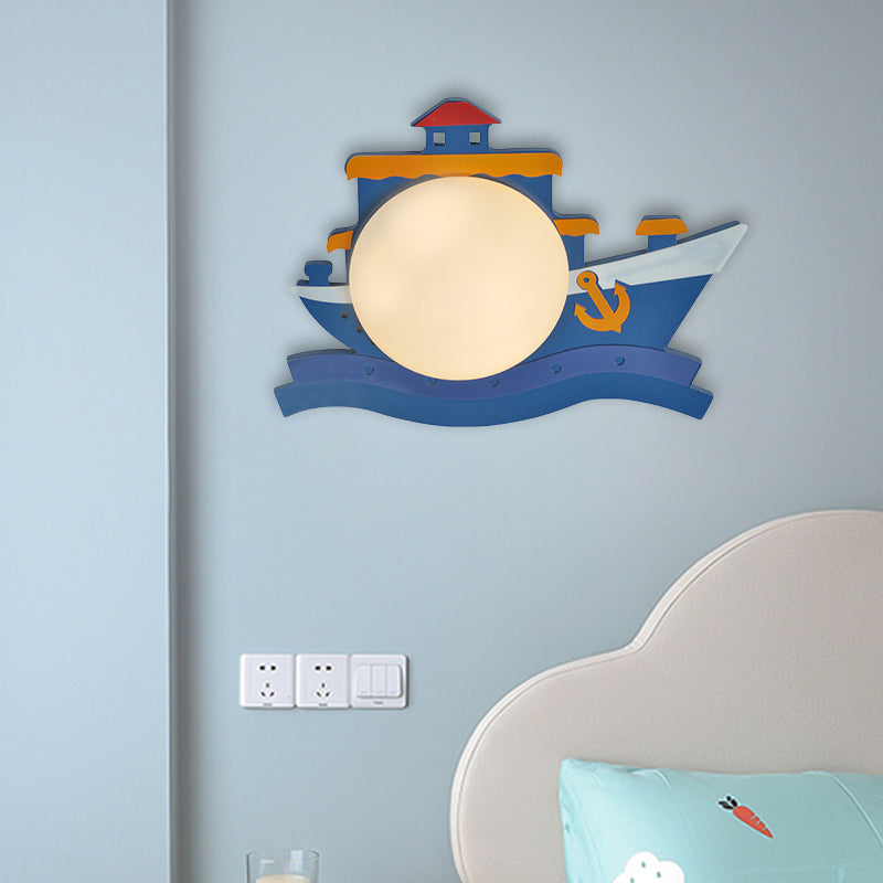 Vivolux | Piraten Schiff Holz Wandmontierte Einrichtung Kinder Pink/Blau LED Wandleuchte mit Runder Opalglas Schirm