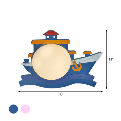 Vivolux | Piraten Schiff Holz Wandmontierte Einrichtung Kinder Pink/Blau LED Wandleuchte mit Runder Opalglas Schirm