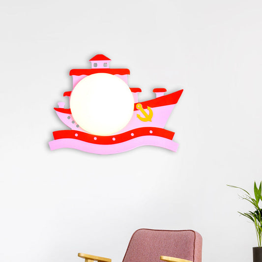 Vivolux | Piraten Schiff Holz Wandmontierte Einrichtung Kinder Pink/Blau LED Wandleuchte mit Runder Opalglas Schirm